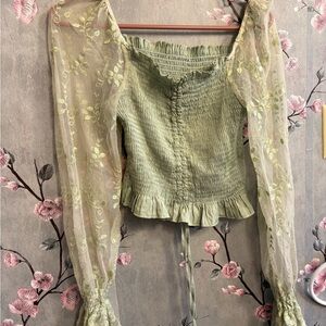 Sheer Embroidered Puff Sleeve Smocked Crop Top - Sage Green